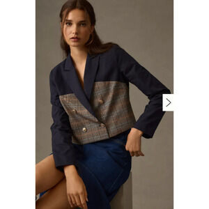 Anthropologie Dolan Corset Blazer Blue Plaid Linen Blend M Gold Buttons Preppy